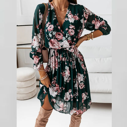 Women Long Sleeve A-Line Pleated Floral Print Ruffle Dress
