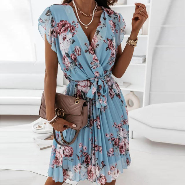 Women Long Sleeve A-Line Pleated Floral Print Ruffle Dress