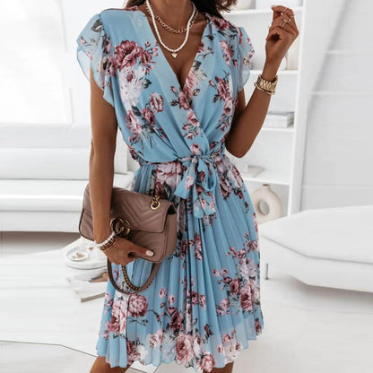 Women Long Sleeve A-Line Pleated Floral Print Ruffle Dress