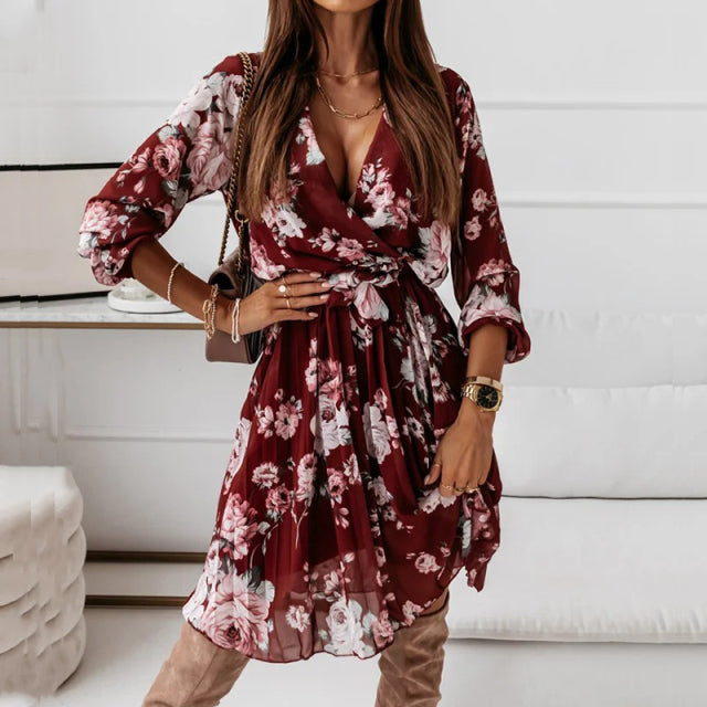 Women Long Sleeve A-Line Pleated Floral Print Ruffle Dress