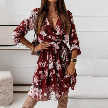 Women Long Sleeve A-Line Pleated Floral Print Ruffle Dress