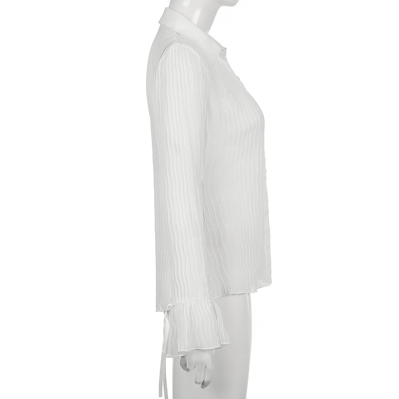 Women Sexy Vintage Fashion V Neck Button See Through White Casual Long Sleeve Top