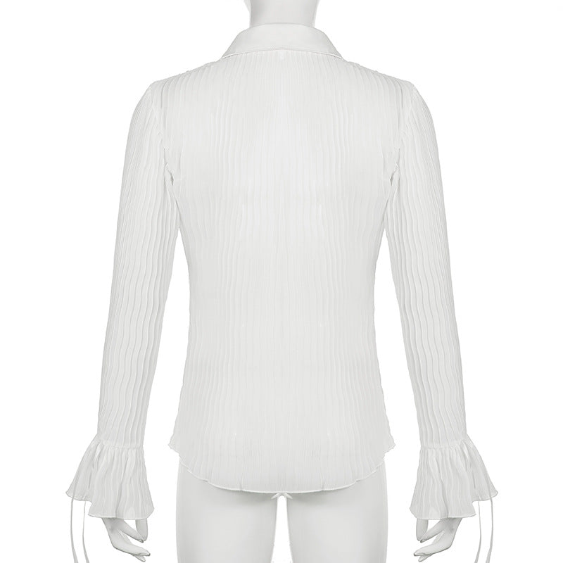 Women Sexy Vintage Fashion V Neck Button See Through White Casual Long Sleeve Top