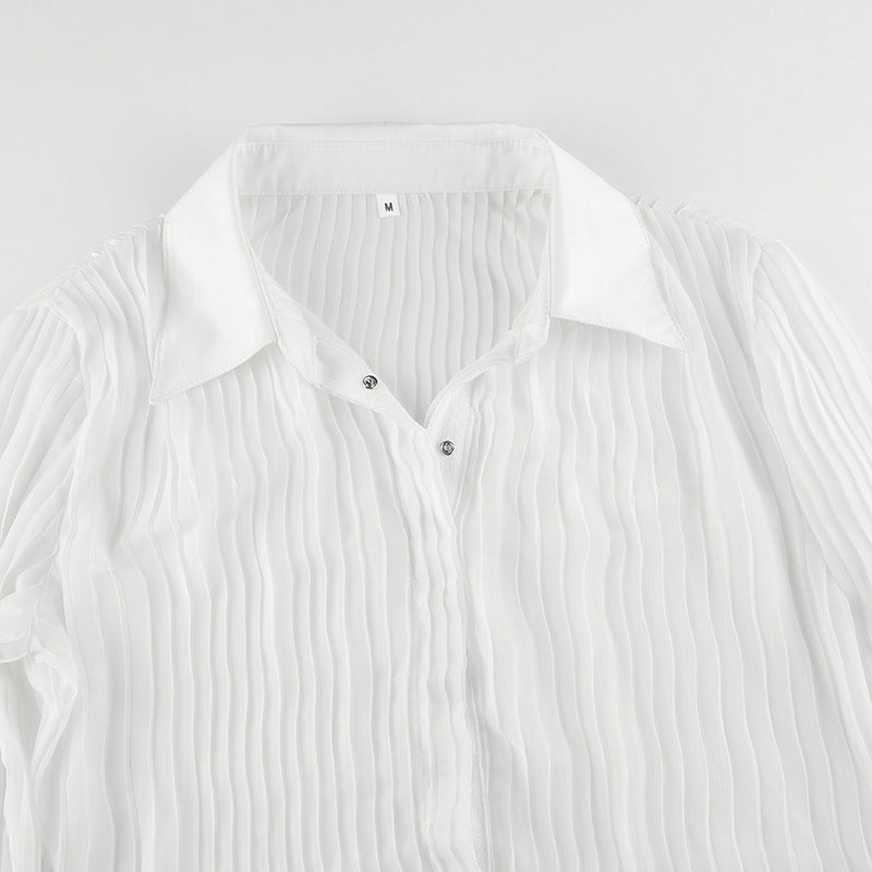 Women Sexy Vintage Fashion V Neck Button See Through White Casual Long Sleeve Top