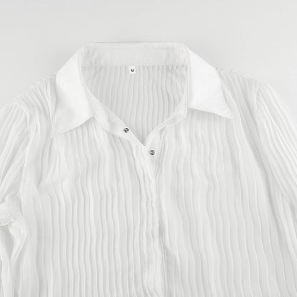 Women Sexy Vintage Fashion V Neck Button See Through White Casual Long Sleeve Top