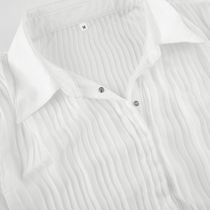 Women Sexy Vintage Fashion V Neck Button See Through White Casual Long Sleeve Top