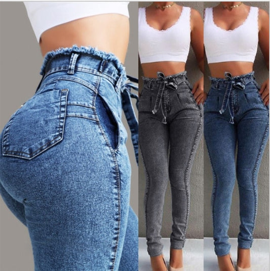 Women High Waist Front Drawstring Sexy Jeans S-5XL