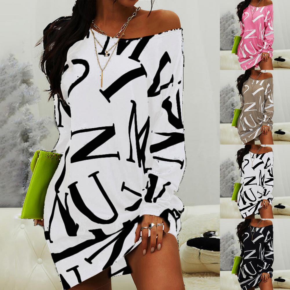 Women Letters Print T Shirt Loose Long Sleeve Dress