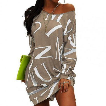 Women Letters Print T Shirt Loose Long Sleeve Dress