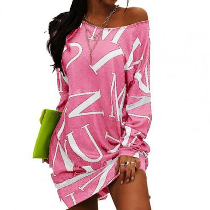 Women Letters Print T Shirt Loose Long Sleeve Dress