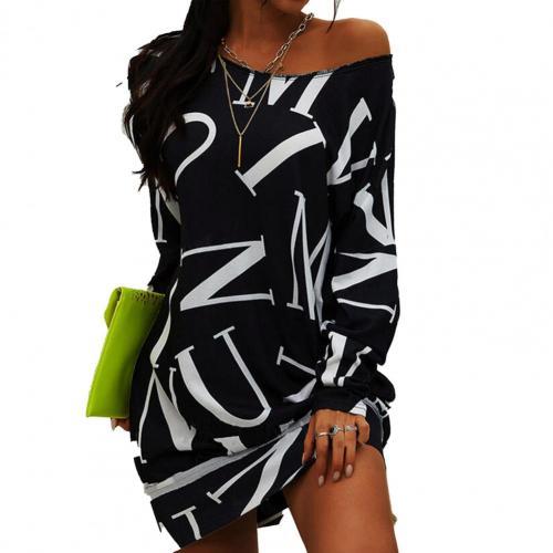 Women Letters Print T Shirt Loose Long Sleeve Dress