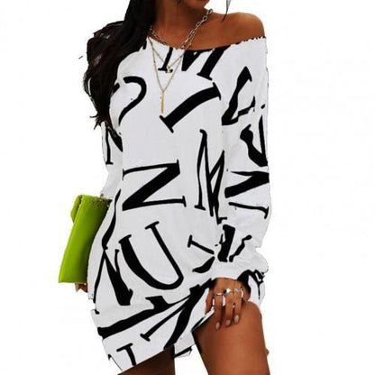Women Letters Print T Shirt Loose Long Sleeve Dress