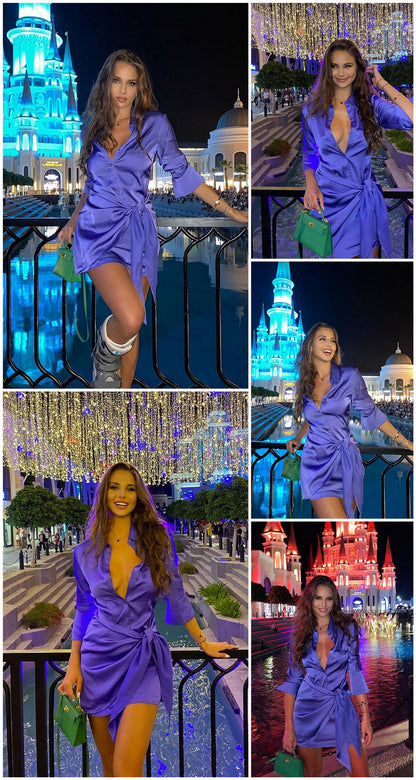 Women Fashion Long Sleeve Bandage Satin Mini Dress