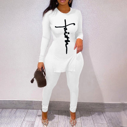 Women Faith Letter Ribbed Knit Two Piece Long Sleeve Shirt Pant Set