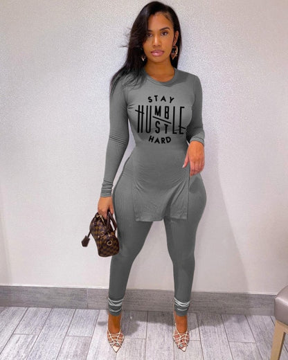 Women Faith Letter Ribbed Knit Two Piece Long Sleeve Shirt Pant Set