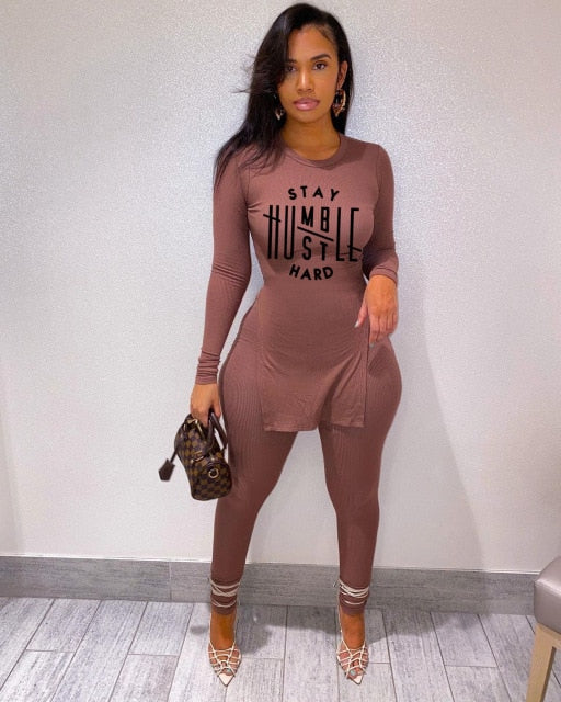 Women Faith Letter Ribbed Knit Two Piece Long Sleeve Shirt Pant Set