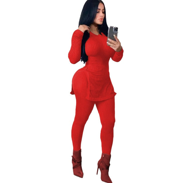 Women Faith Letter Ribbed Knit Two Piece Long Sleeve Shirt Pant Set