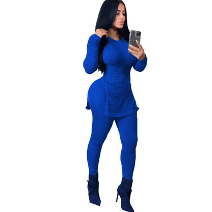 Women Faith Letter Ribbed Knit Two Piece Long Sleeve Shirt Pant Set