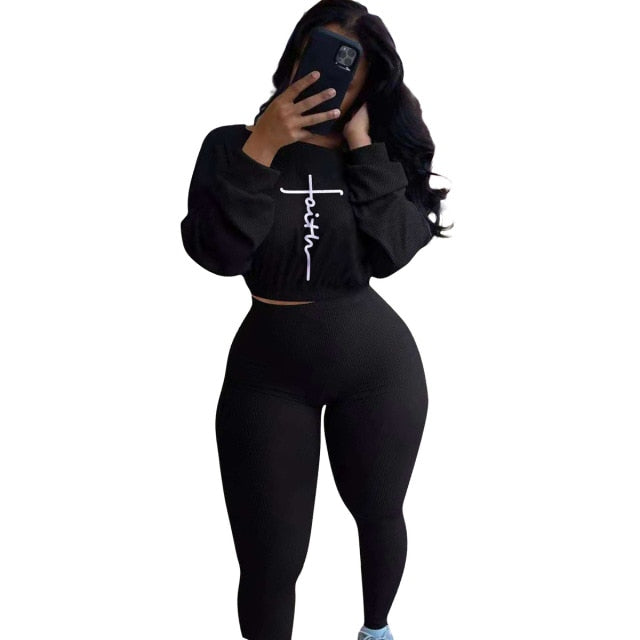 Women Faith Letter Ribbed Knit Two Piece Long Sleeve Shirt Pant Set