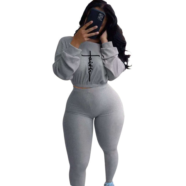 Women Faith Letter Ribbed Knit Two Piece Long Sleeve Shirt Pant Set