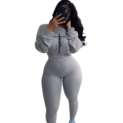 Women Faith Letter Ribbed Knit Two Piece Long Sleeve Shirt Pant Set