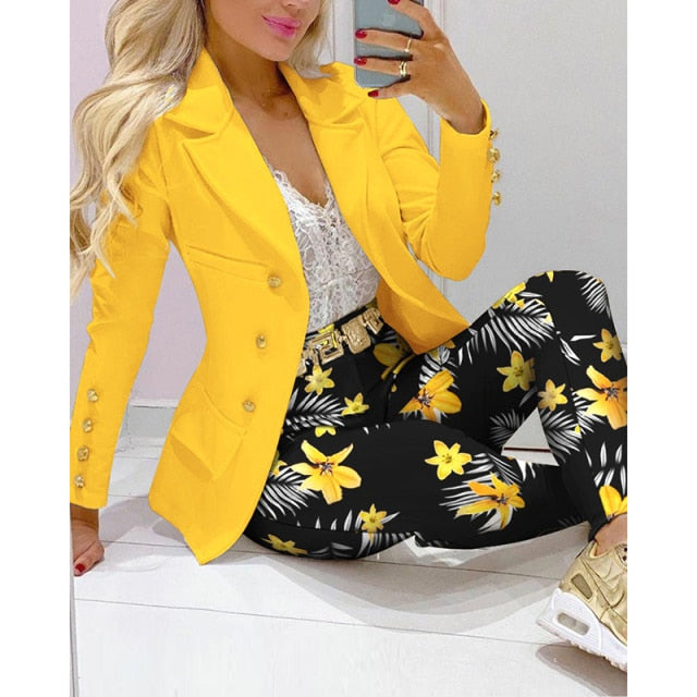 Two Piece Women Blazer Print Suit