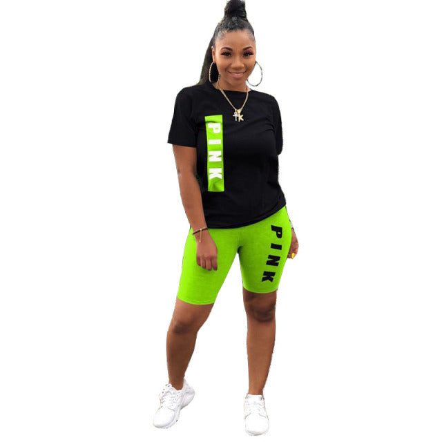 2 Piece Women Printed Letter Pink Summer Set