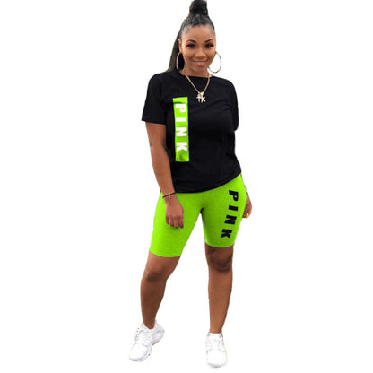 2 Piece Women Printed Letter Pink Summer Set