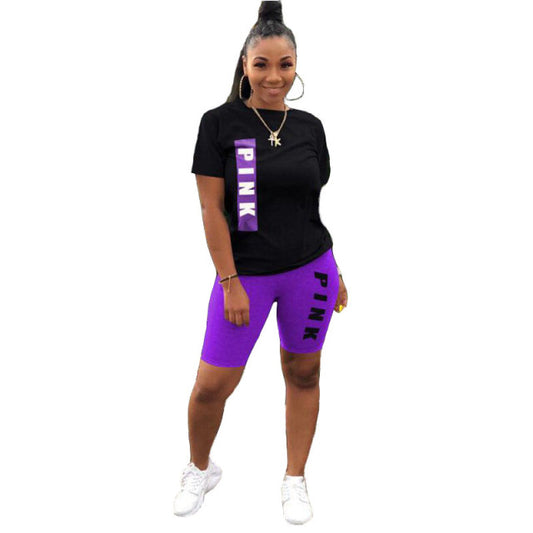 2 Piece Women Printed Letter Pink Summer Set