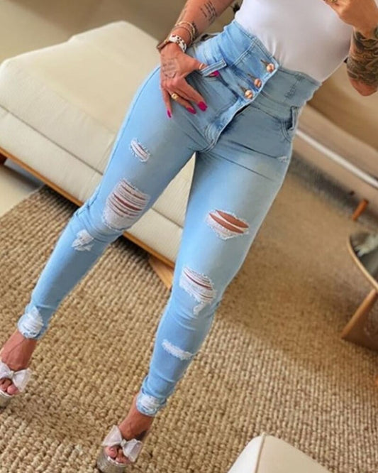 Women High Waist Button Ripped Fashion Skinny Long Pants S-3XL