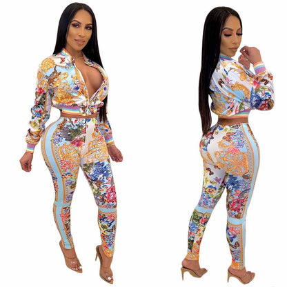 Women Pattern Printed Two Piece Long Sleeve Top and Pants Set