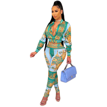 Women Pattern Printed Two Piece Long Sleeve Top and Pants Set