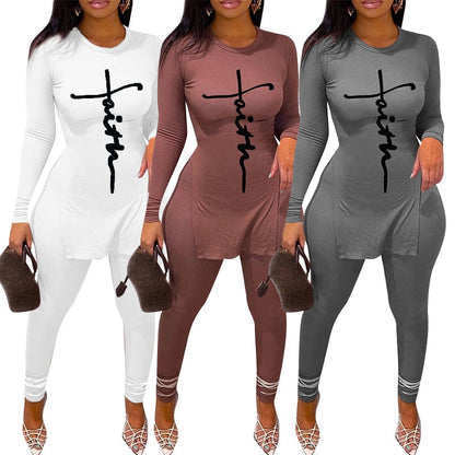 Women Faith Letter Ribbed Knit Two Piece Long Sleeve Shirt Pant Set