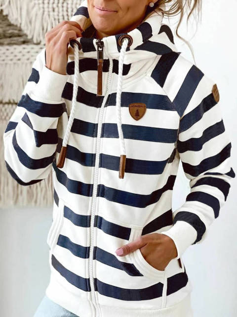 Women Long Sleeve Stripe Pocket Zipper Hoodie
