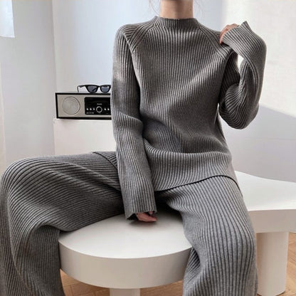 Women Knitted Turtleneck Sweater+Wide Leg Jogging Pant Set
