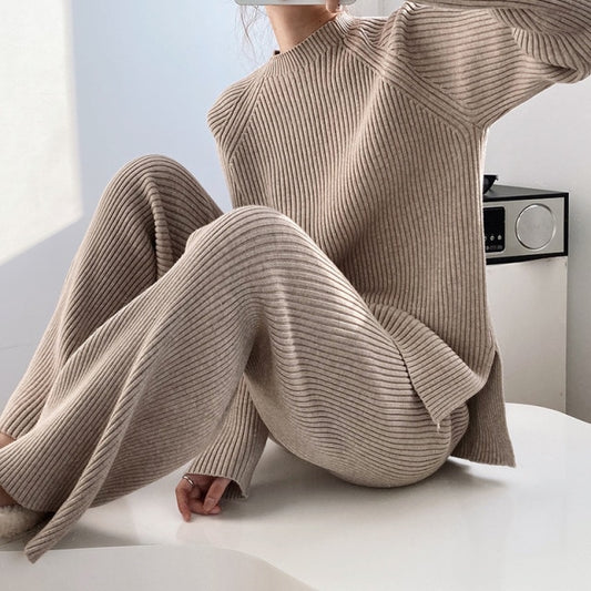 Women Knitted Turtleneck Sweater+Wide Leg Jogging Pant Set