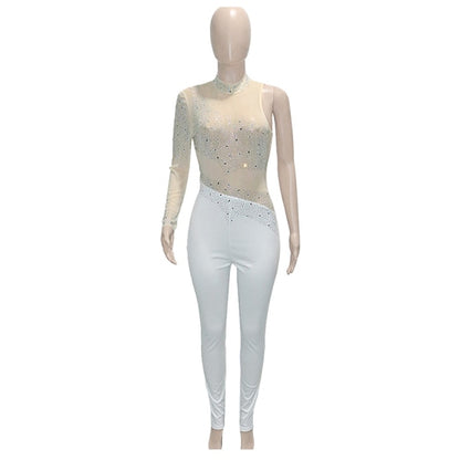 Women Diamond Skinny Long One Sleeve Waist See Through Romper