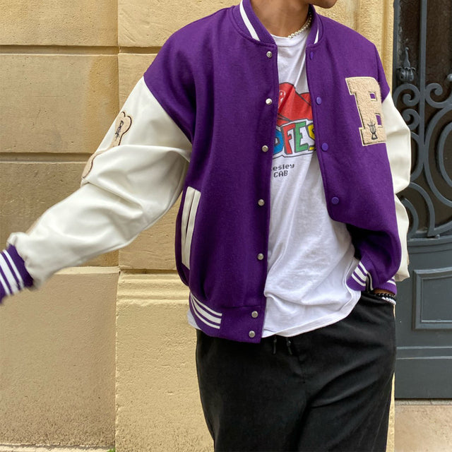 Women Baseball Letter Varsity Bomber Leather Cotton Coat