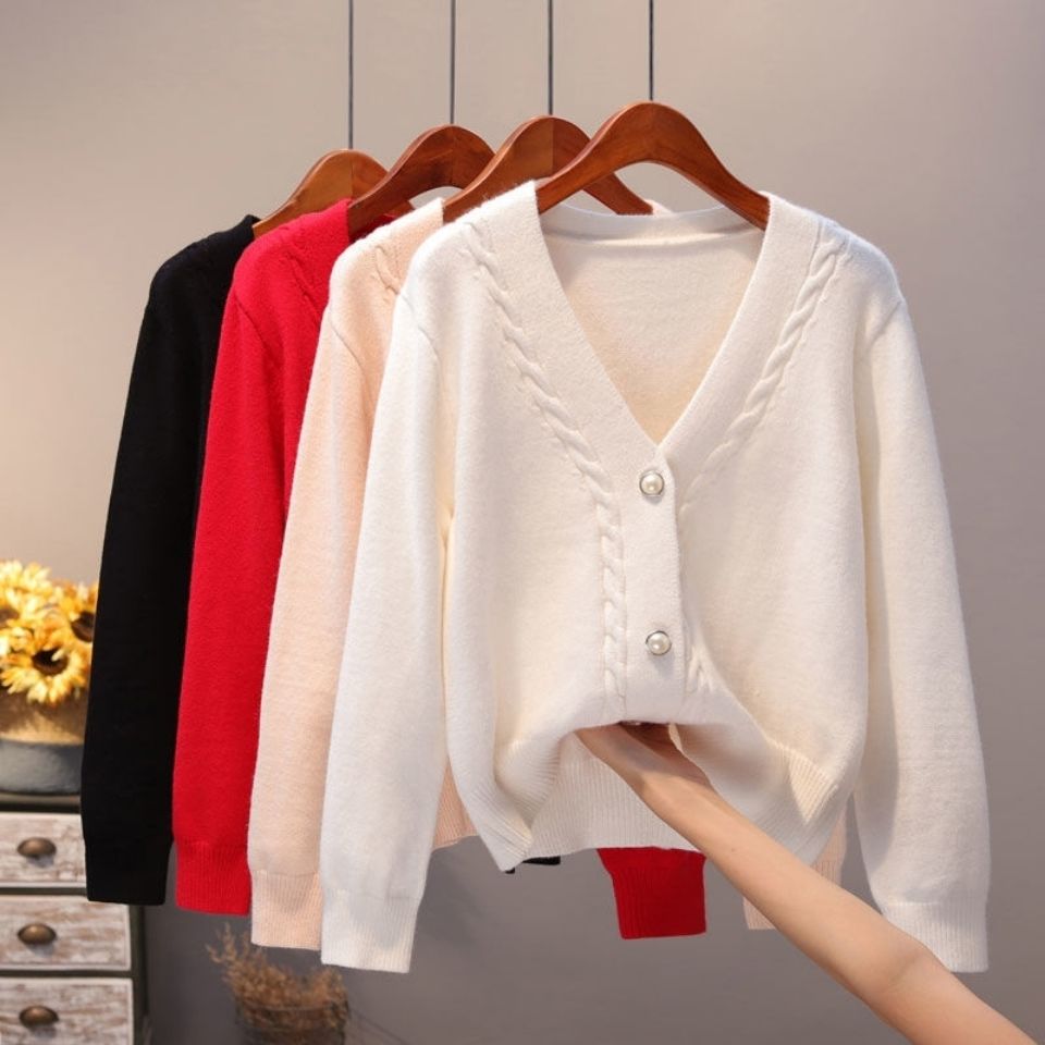 Women V Neck Pearl Single Loose Short Thicken Sweater Sweet Long Sleeve Knitting Top