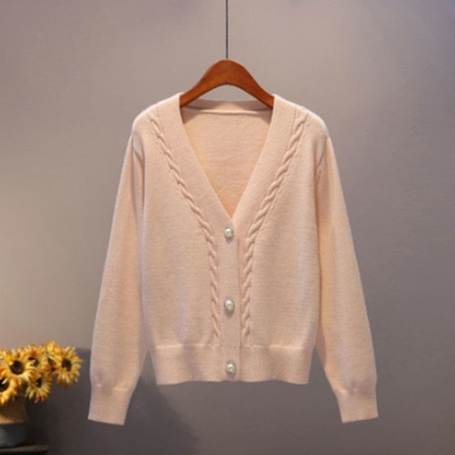 Women V Neck Pearl Single Loose Short Thicken Sweater Sweet Long Sleeve Knitting Top