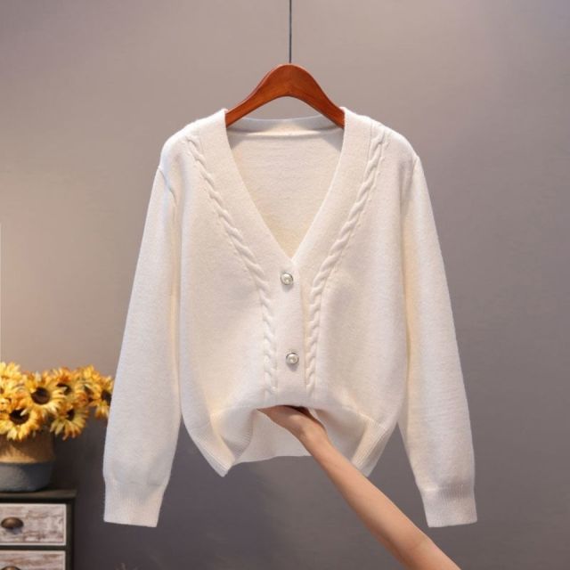Women V Neck Pearl Single Loose Short Thicken Sweater Sweet Long Sleeve Knitting Top