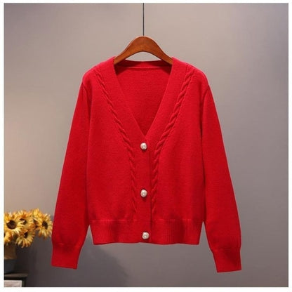 Women V Neck Pearl Single Loose Short Thicken Sweater Sweet Long Sleeve Knitting Top