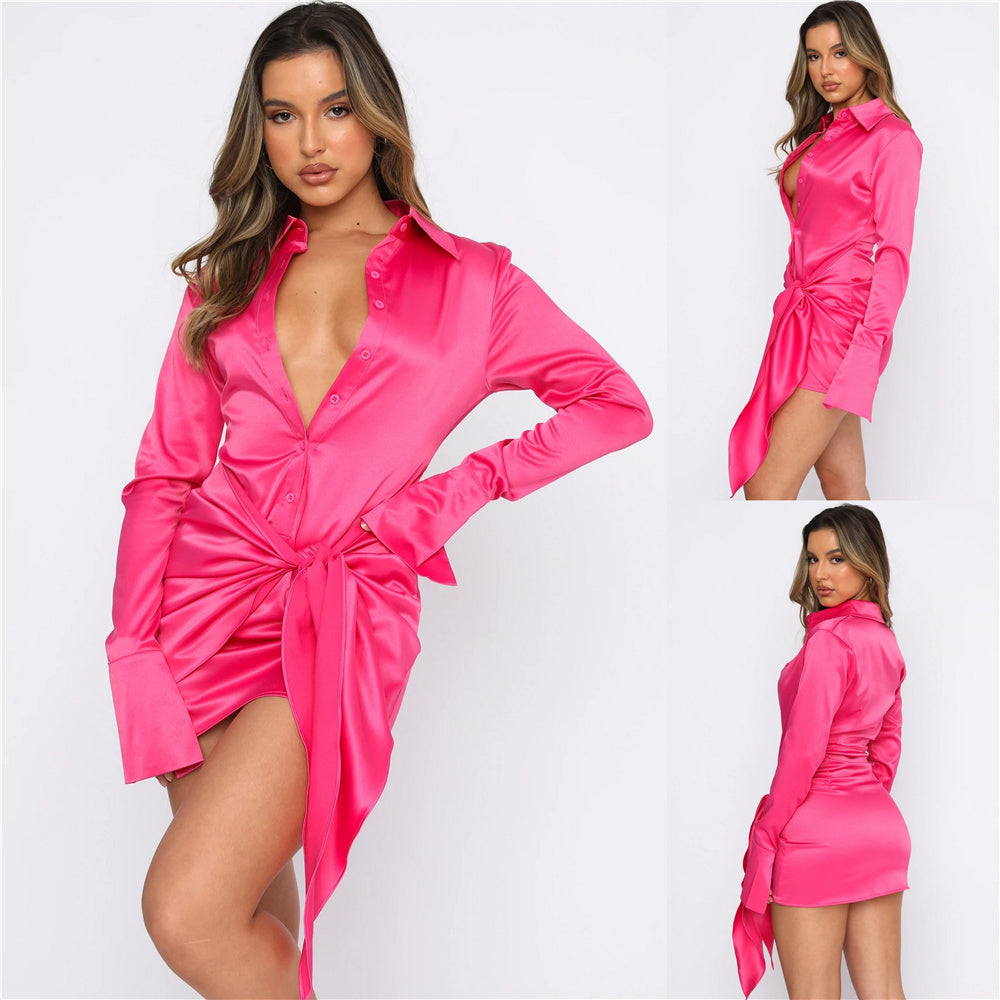 Women Fashion Long Sleeve Bandage Satin Mini Dress