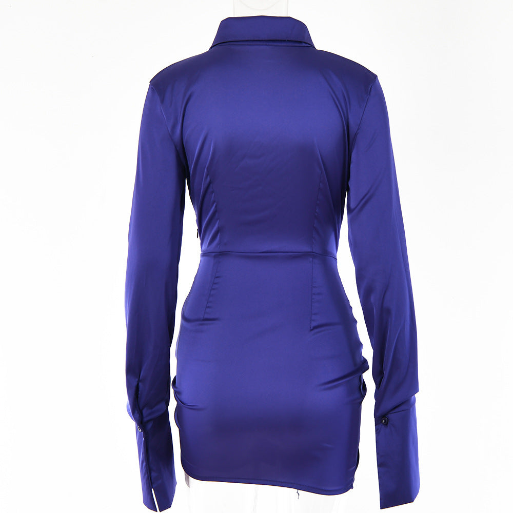 Women Fashion Long Sleeve Bandage Satin Mini Dress