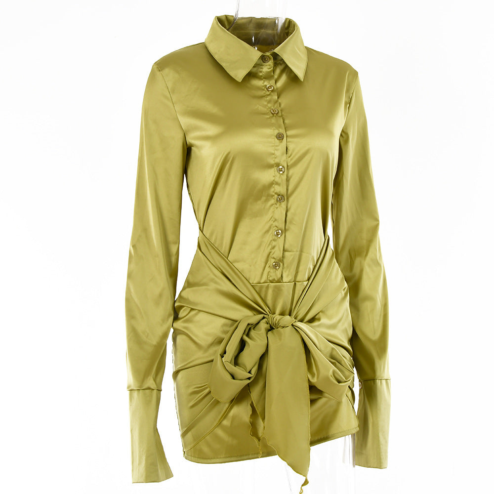 Women Fashion Long Sleeve Bandage Satin Mini Dress