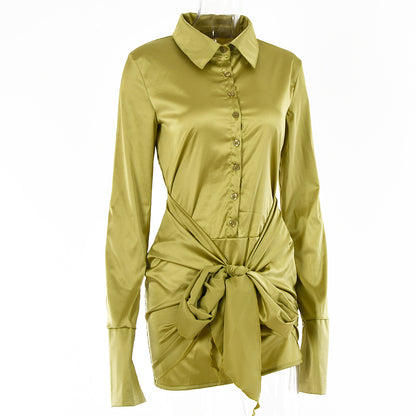 Women Fashion Long Sleeve Bandage Satin Mini Dress