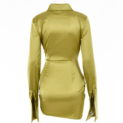 Women Fashion Long Sleeve Bandage Satin Mini Dress