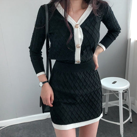New Women Long Sleeve V Neck Buttons Top + Short Skirt Two Piece Set