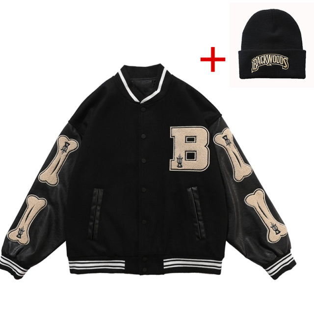 Women Baseball Letter Varsity Bomber Leather Cotton Coat