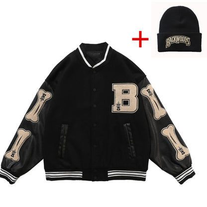Women Baseball Letter Varsity Bomber Leather Cotton Coat